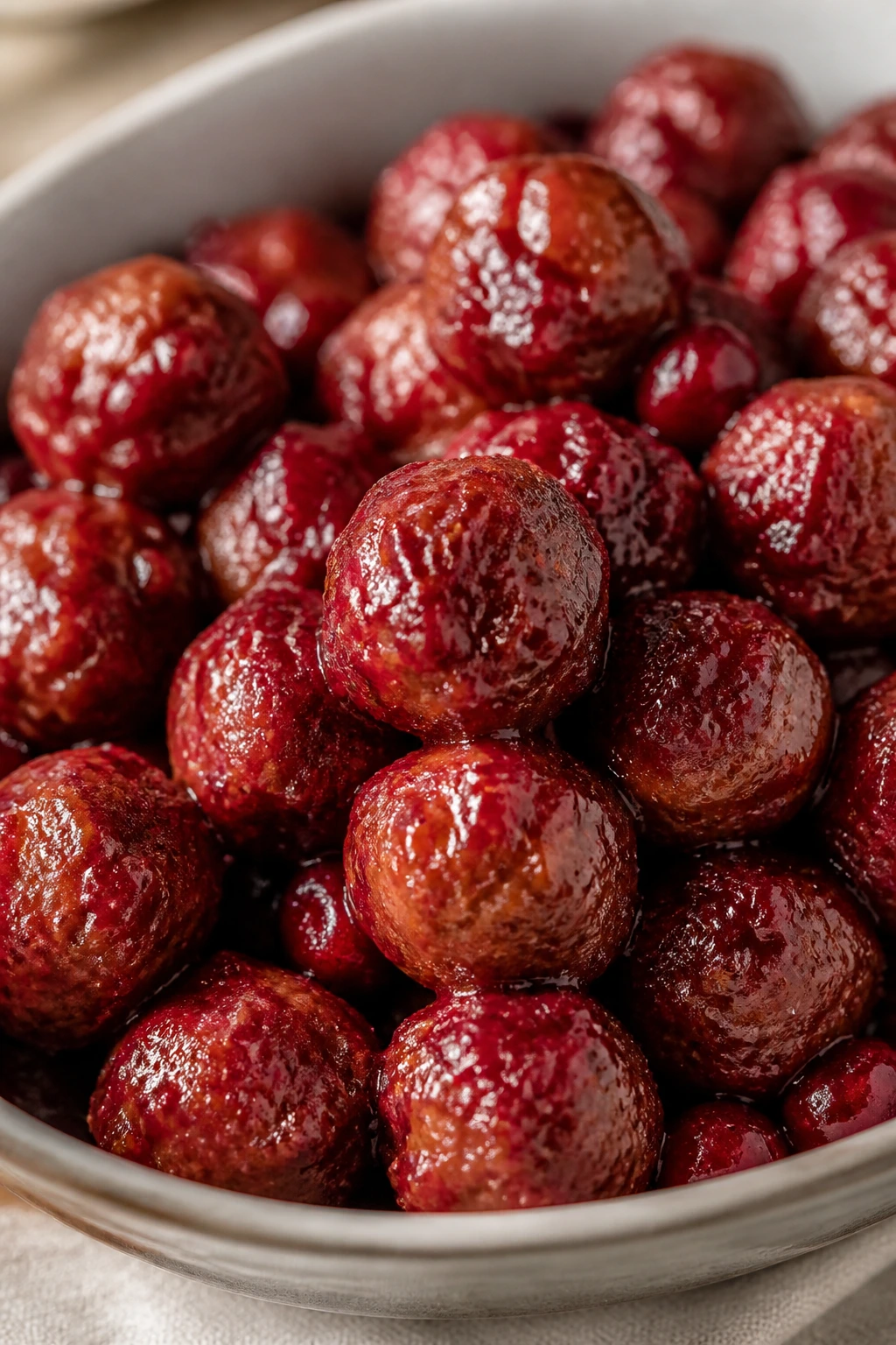 Glossy cranberry meatballs in glaze ready to serve