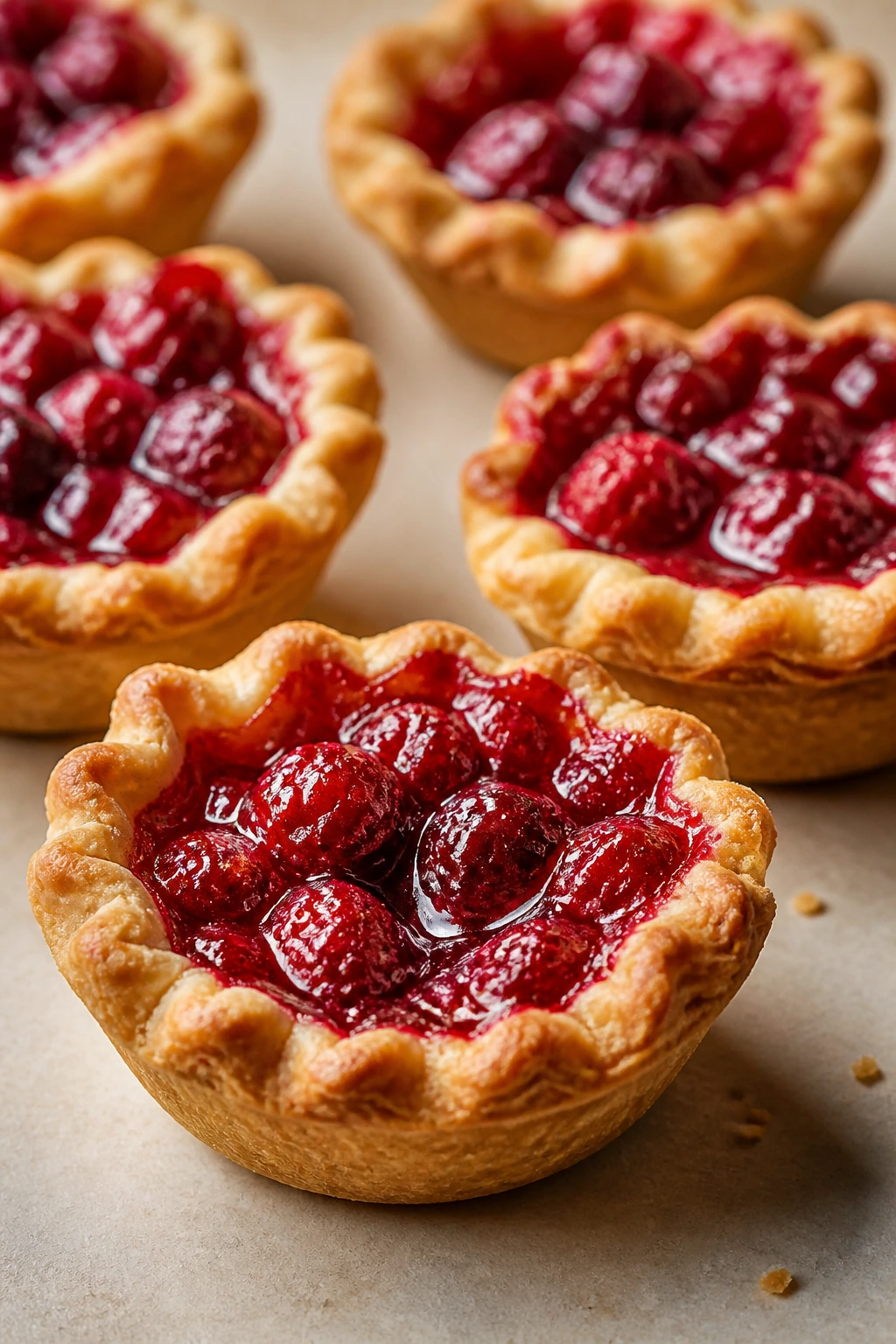 Close-up of Cranberry Mini Pies with golden crusts
