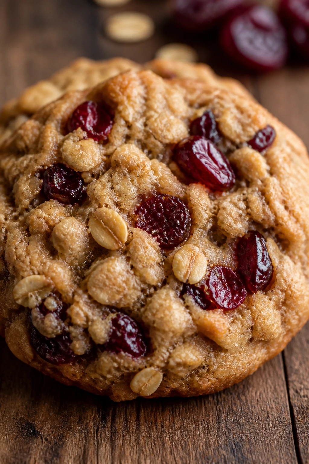 Close-up of a cranberry oatmeal cookie showing oats and cranberries