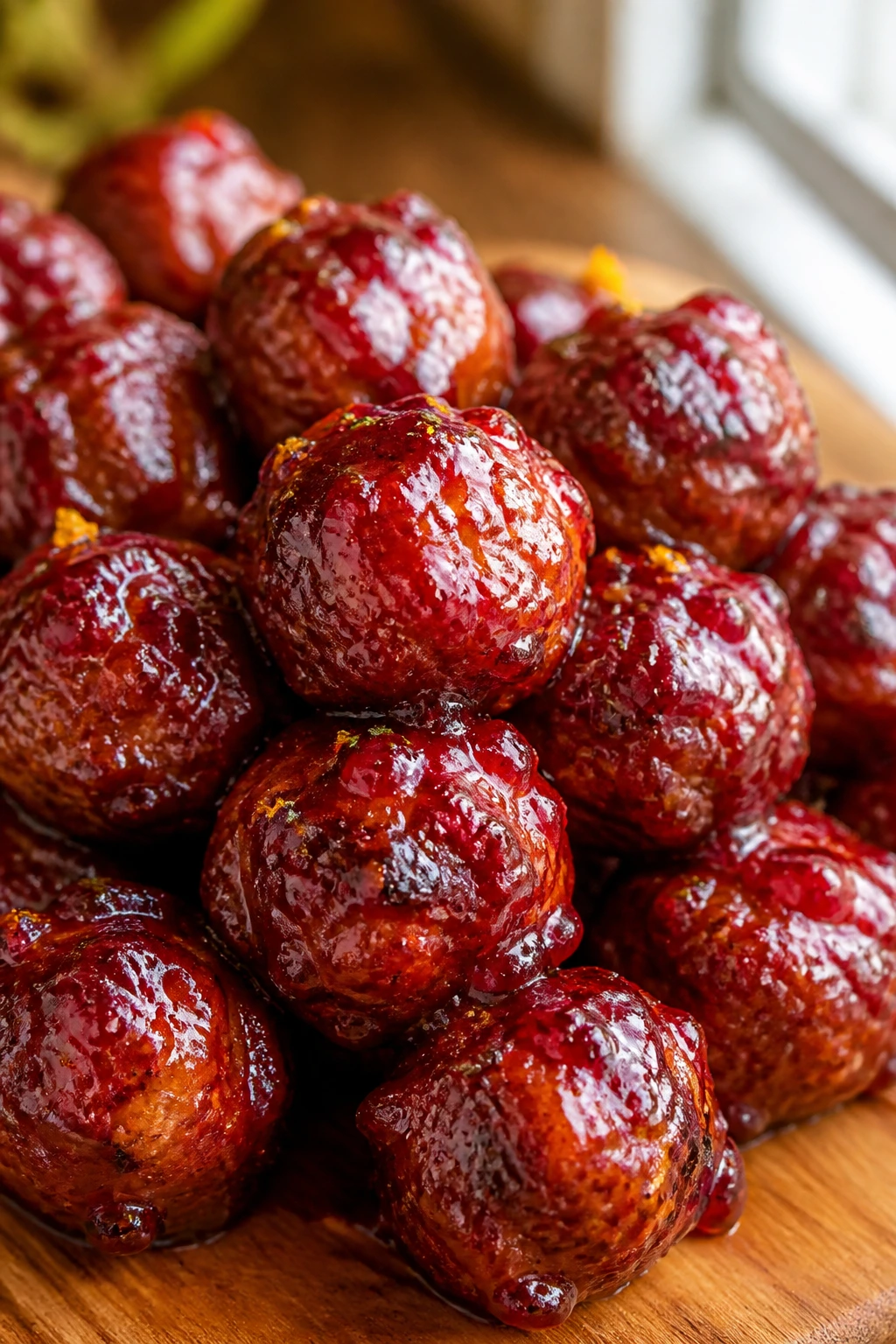 Close-up of Cranberry Orange Meatballs with glossy glaze in warm kitchen lighting