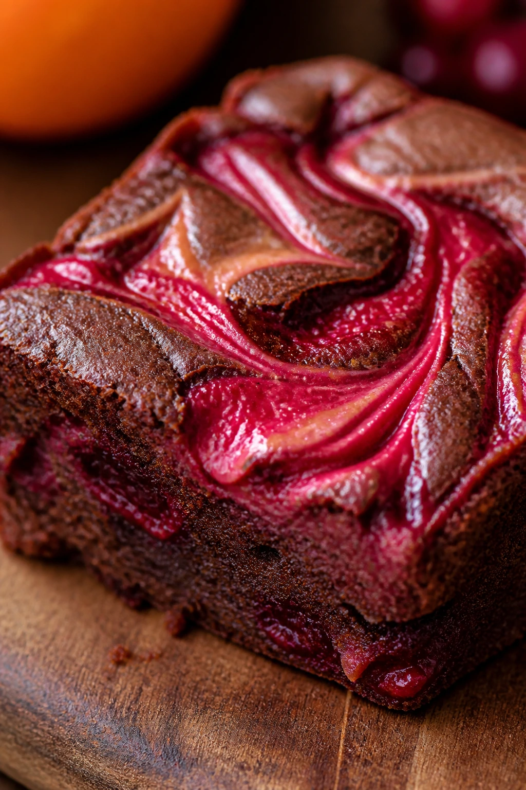 Close-up of Cranberry Orange Swirl Brownie with red cranberry ribbons on glossy chocolate