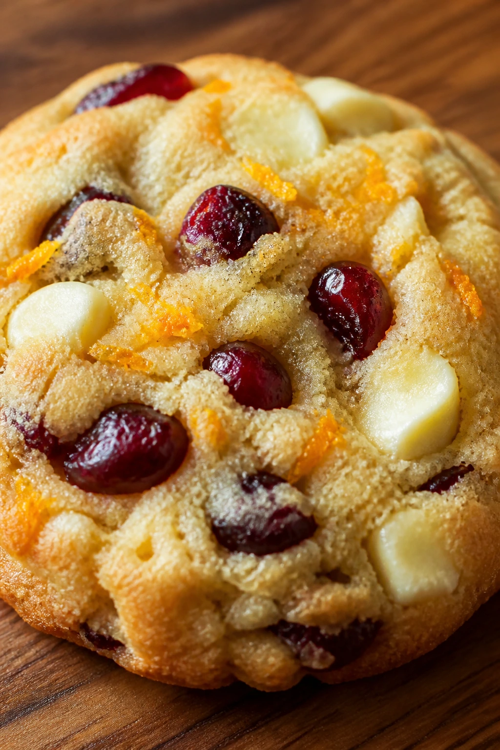 Close-up of a cranberry orange cookie with orange zest on a wooden surface.
