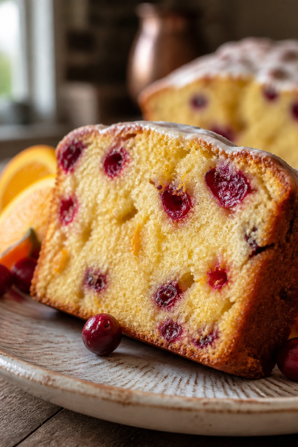 Slice of cranberry orange protein pound cake with visible zest and berries
