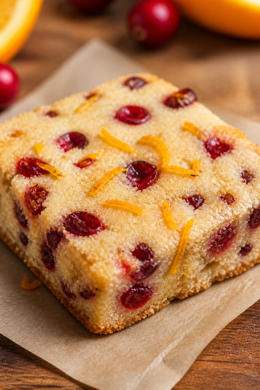 Cranberry orange shortbread square with cranberries on parchment