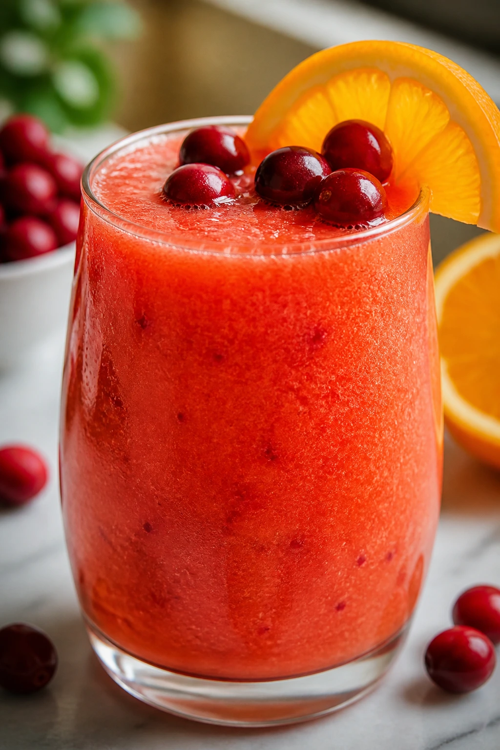 Bright cranberry orange smoothie in glass