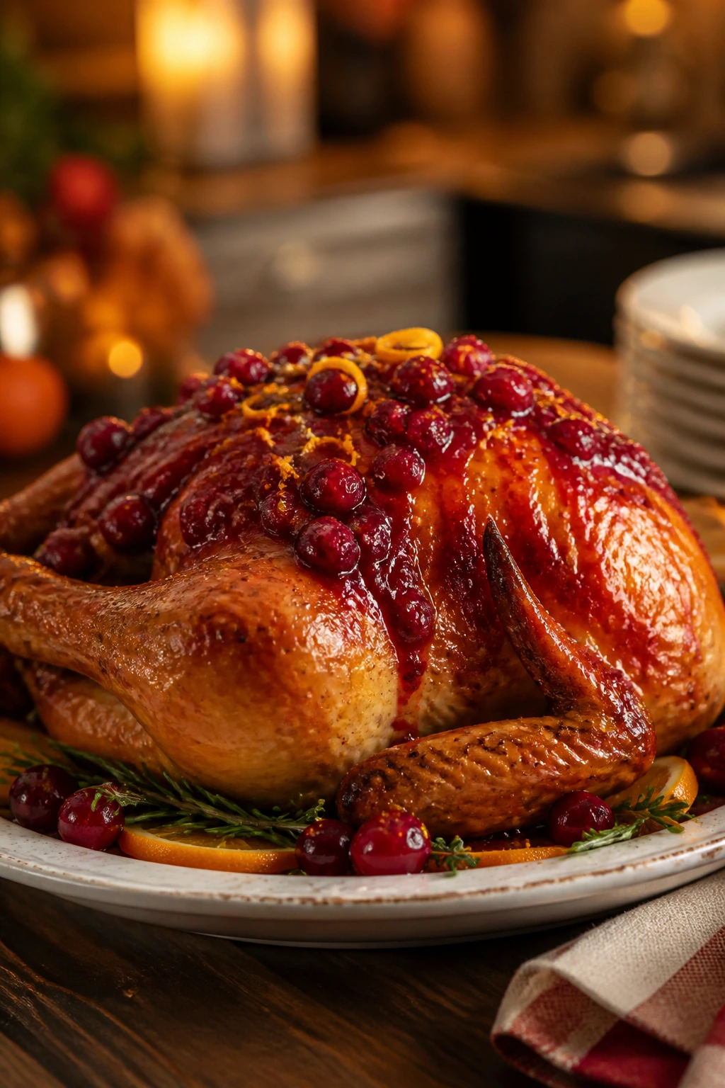 Cranberry-Orange Holiday Turkey plated with cranberry glaze