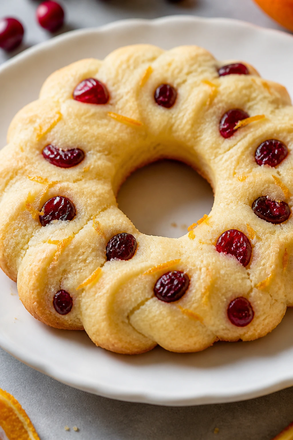 Close-up of a cranberry orange wreath cookie with zest and cranberries