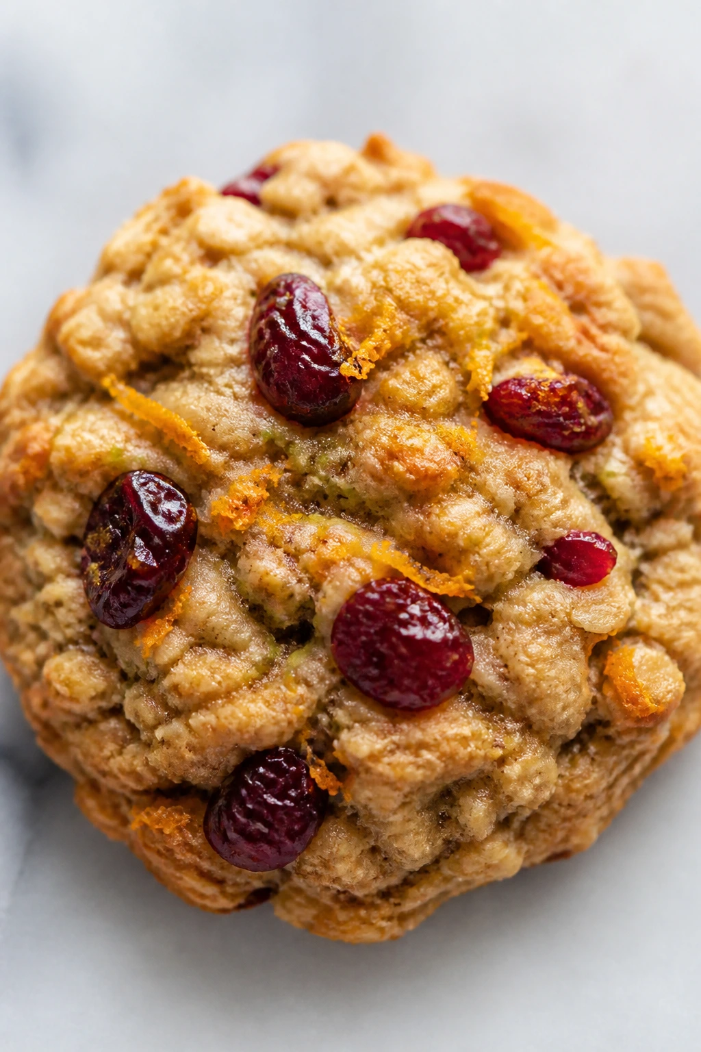 Close-up of cranberry-orange zucchini oatmeal cookie on light background
