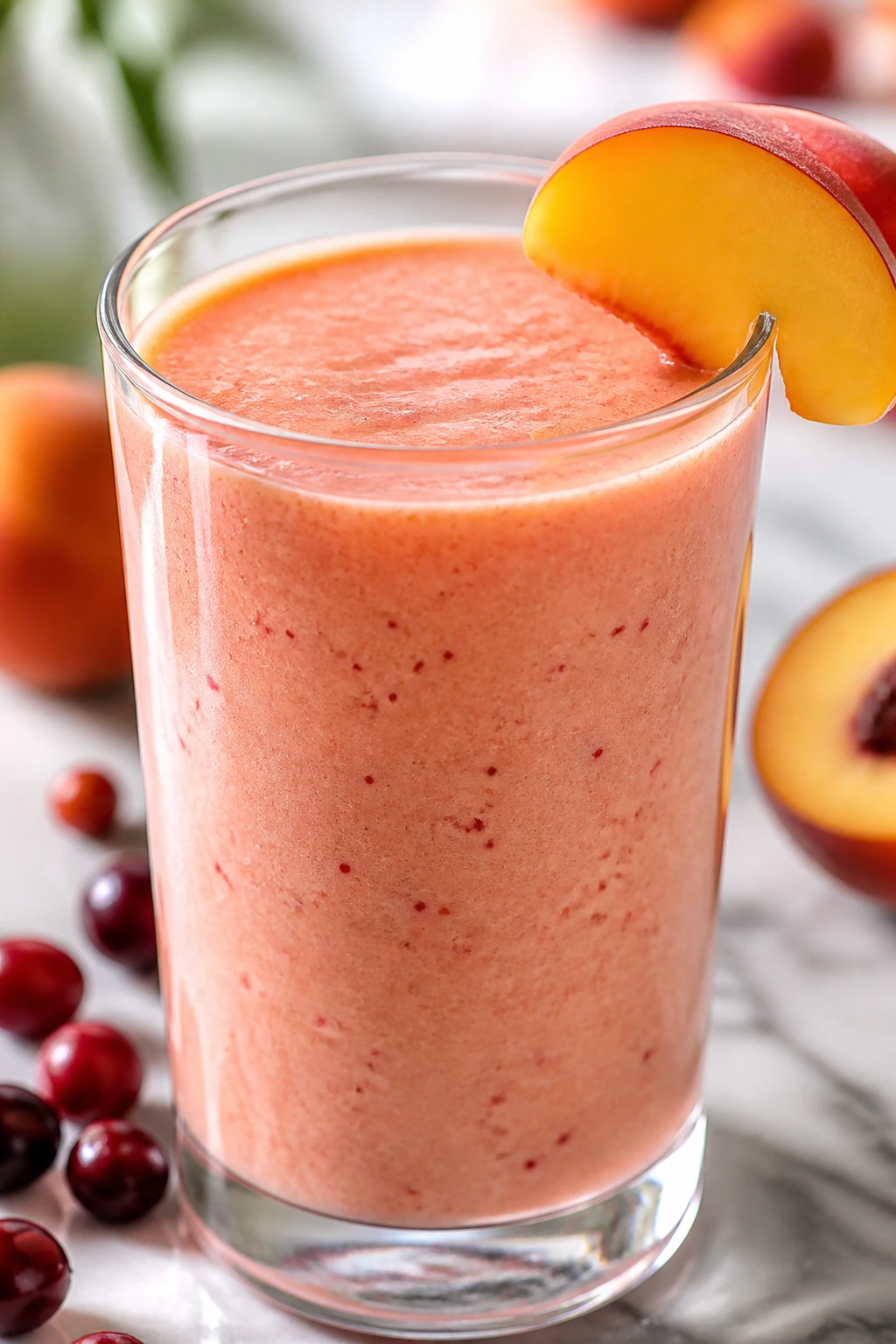 Pale coral Cranberry Peach Smoothie in a glass with a peach slice garnish
