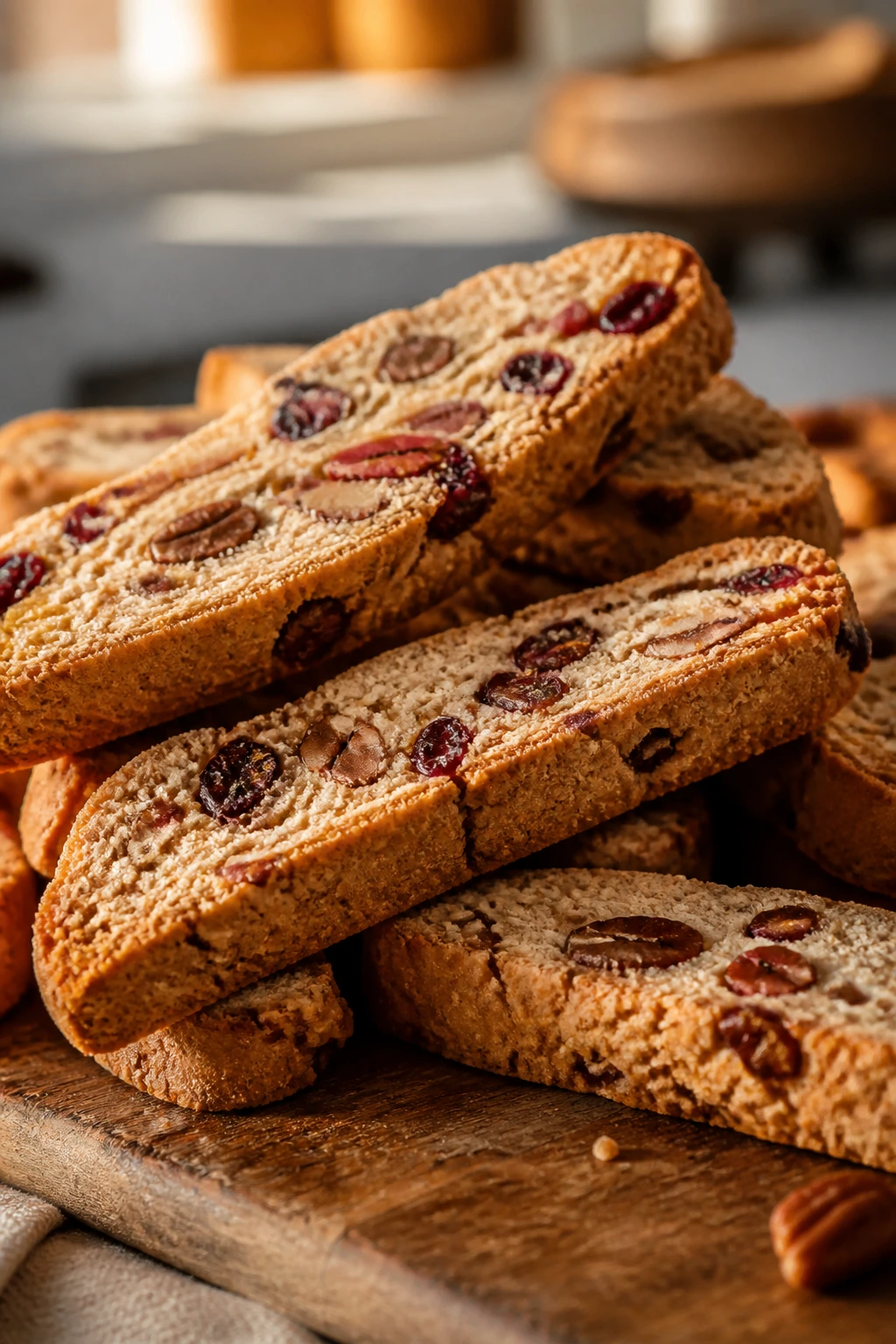 Close-up of cranberry pecan biscotti on wooden board in warm kitchen light
