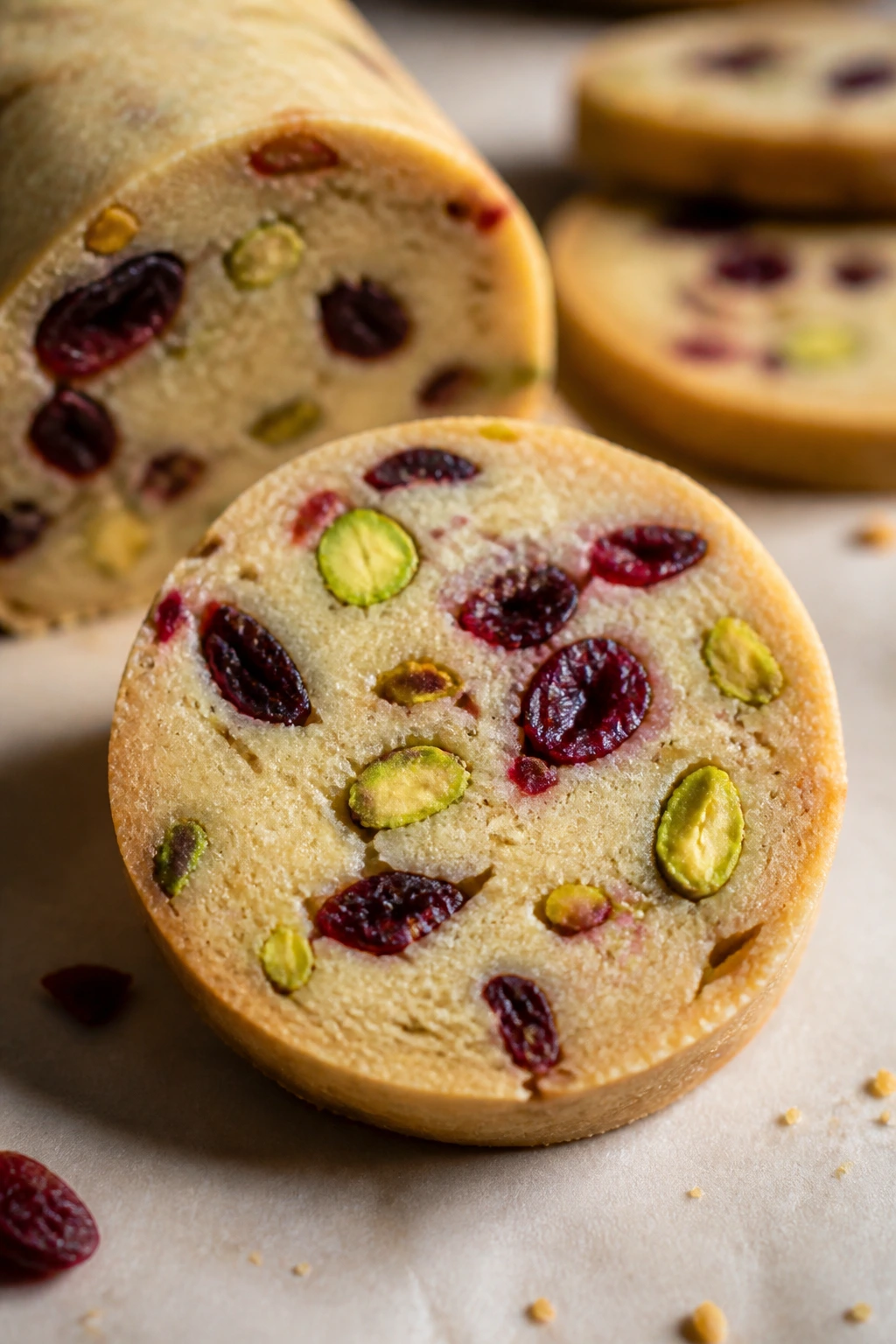 Close-up of a round slice of slice-and-bake cranberry pistachio cookie with red and green specks