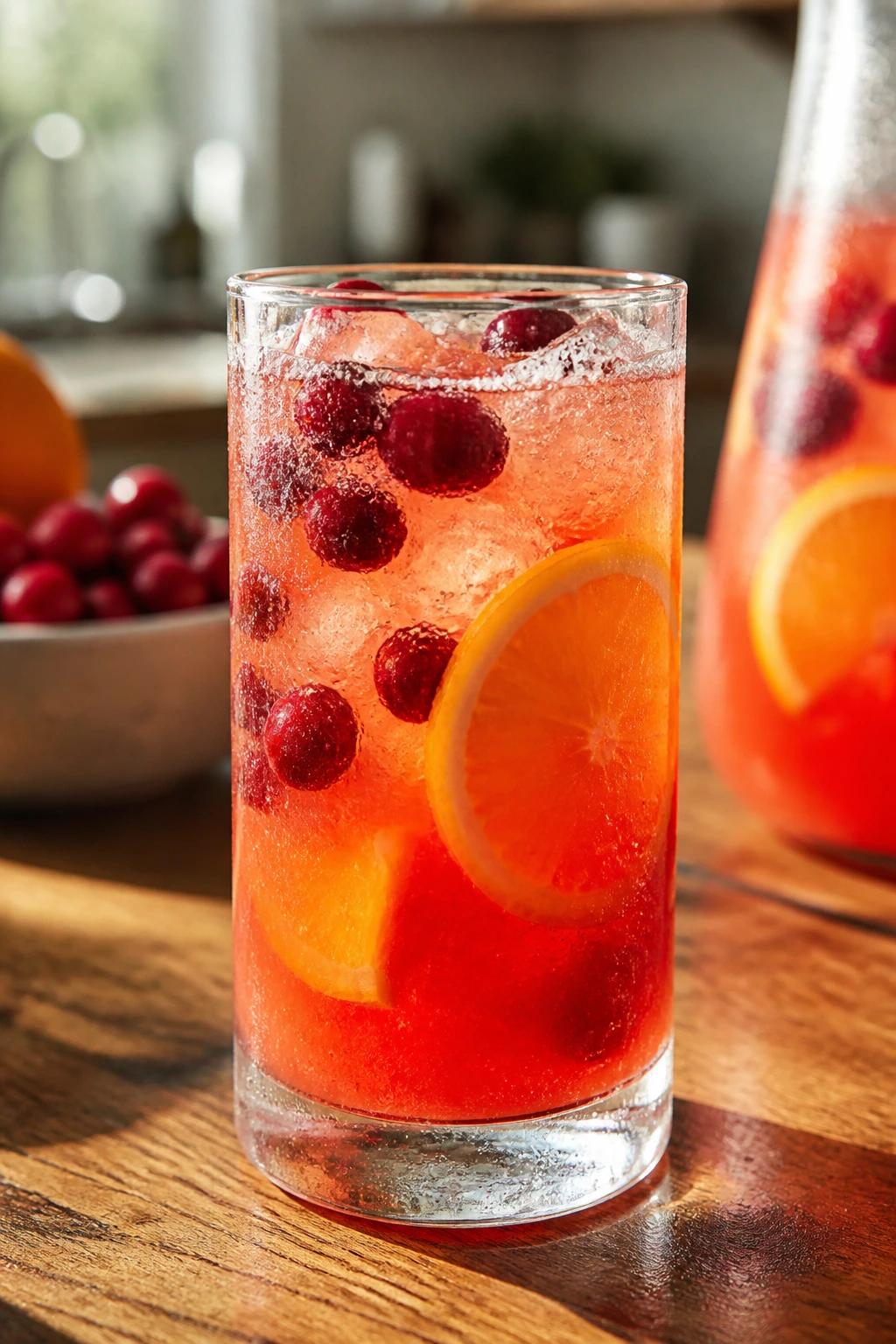 Close-up of Cranberry Orange Prosecco Punch in a glass with orange slice and cranberries