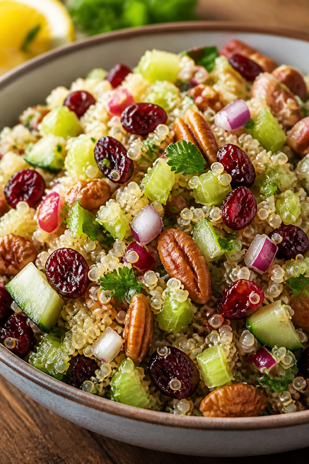 Close-up of Zesty Cranberry Quinoa Salad in a rustic bowl with colorful ingredients