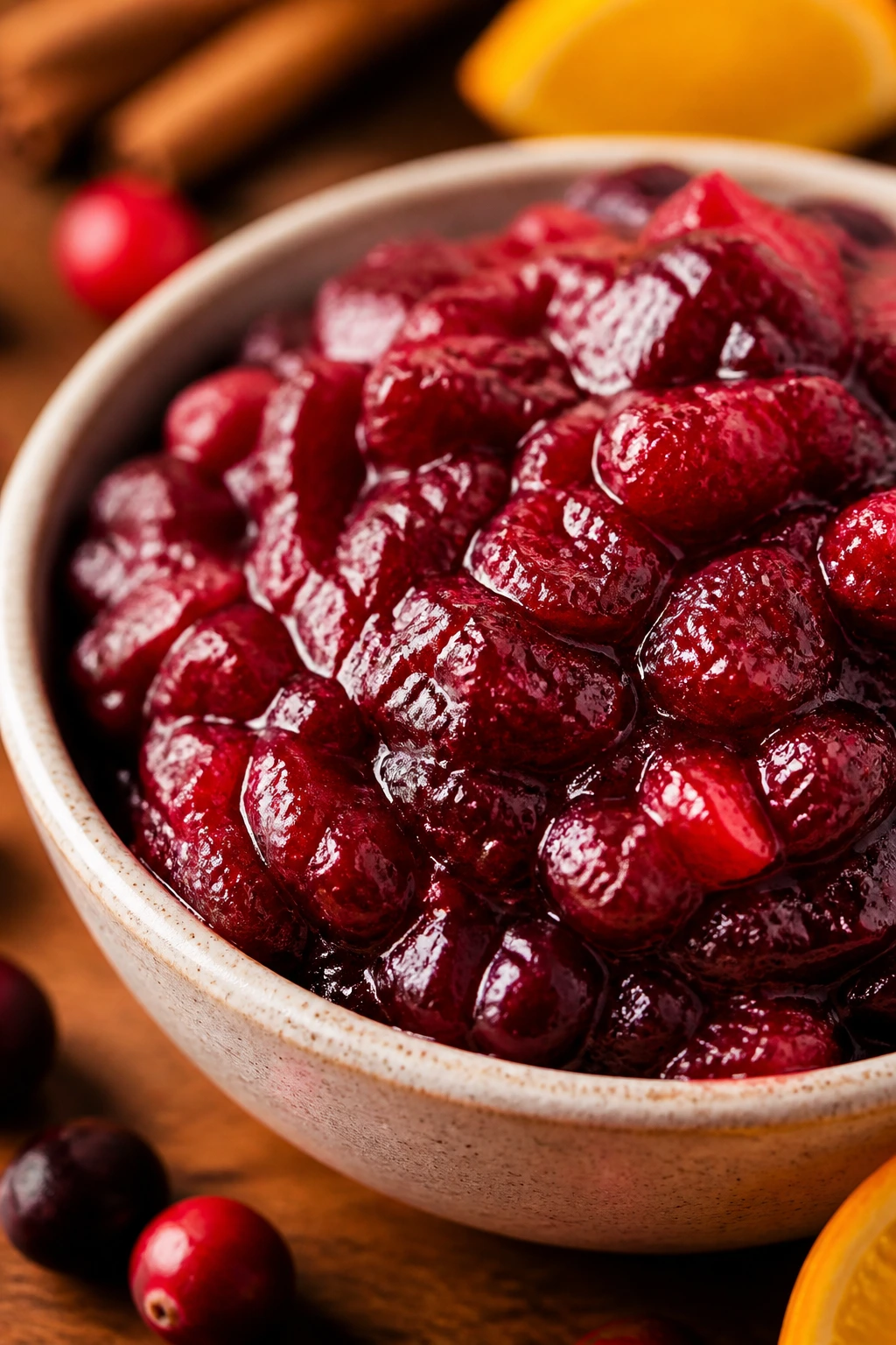 Glossy cranberry sauce in a small ceramic dish
