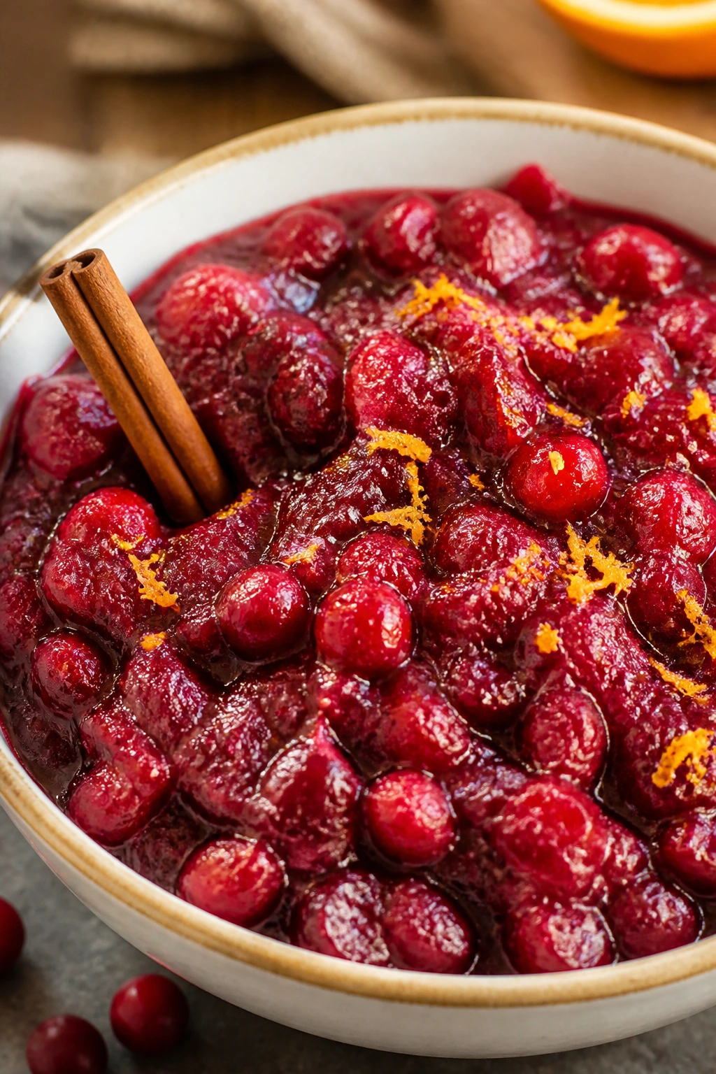 Glossy cranberry sauce in a serving dish with orange zest