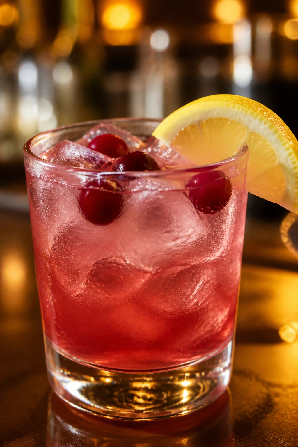 Cranberry Lemon Vodka Cooler in a glass with lemon wedge and ice.