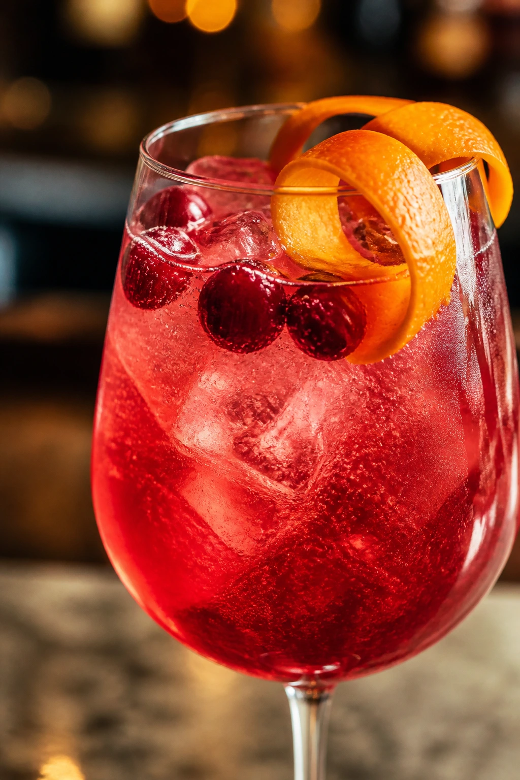 Close-up of a Cranberry Orange Vodka Spritz in a wine glass with orange twist and cranberries