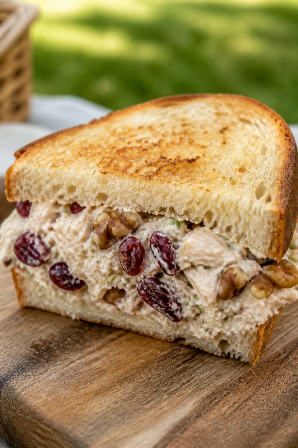 Close-up of Cranberry Walnut Chicken Salad Sandwich half on rustic board with cranberries and walnuts