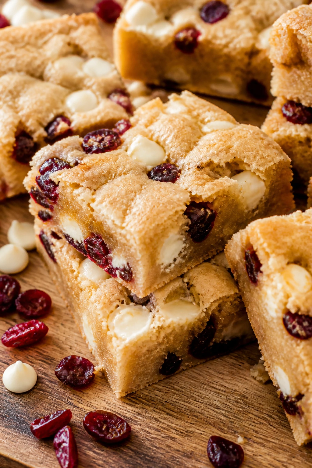 Close-up of white chocolate cranberry blondies on a rustic cutting board