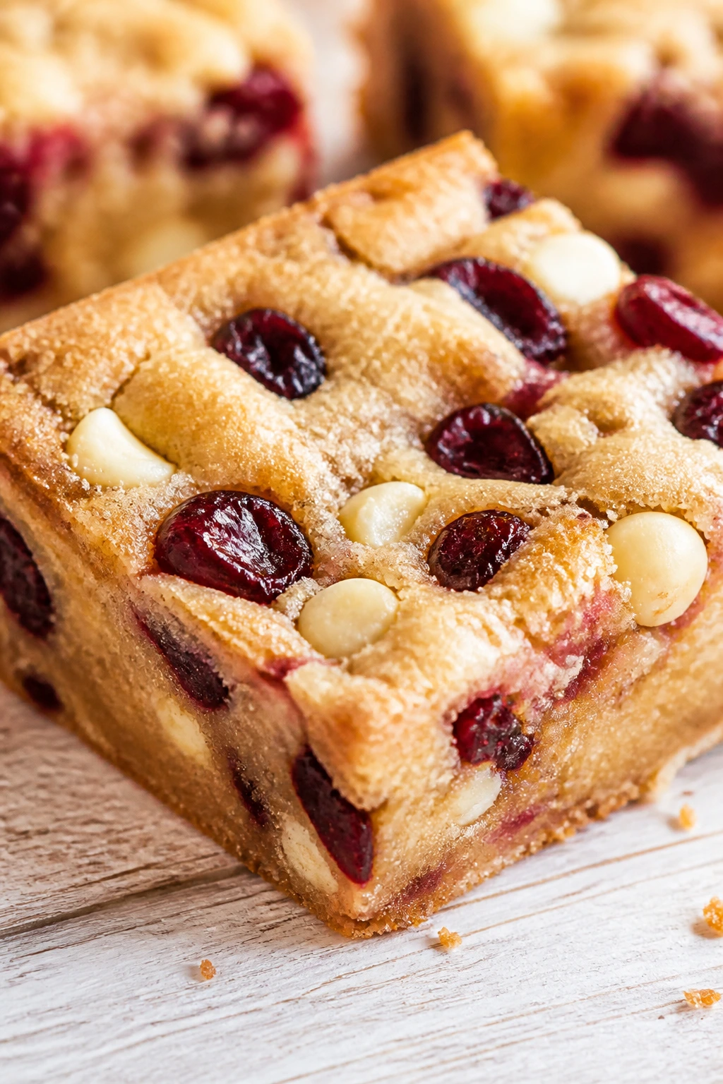 Blondie square with cranberries and white chocolate on wood