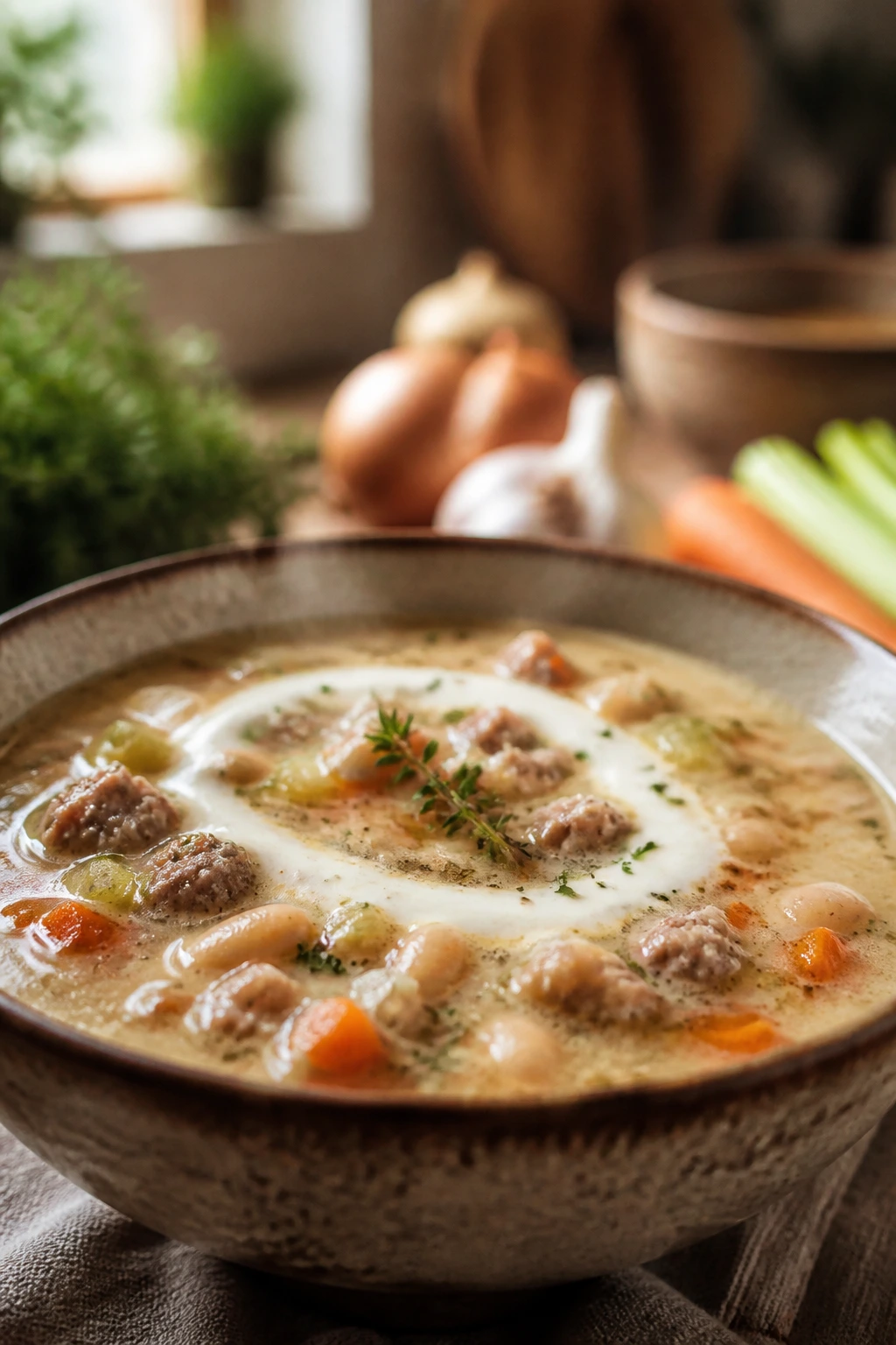 Creamy soup with swirl of cream on top
