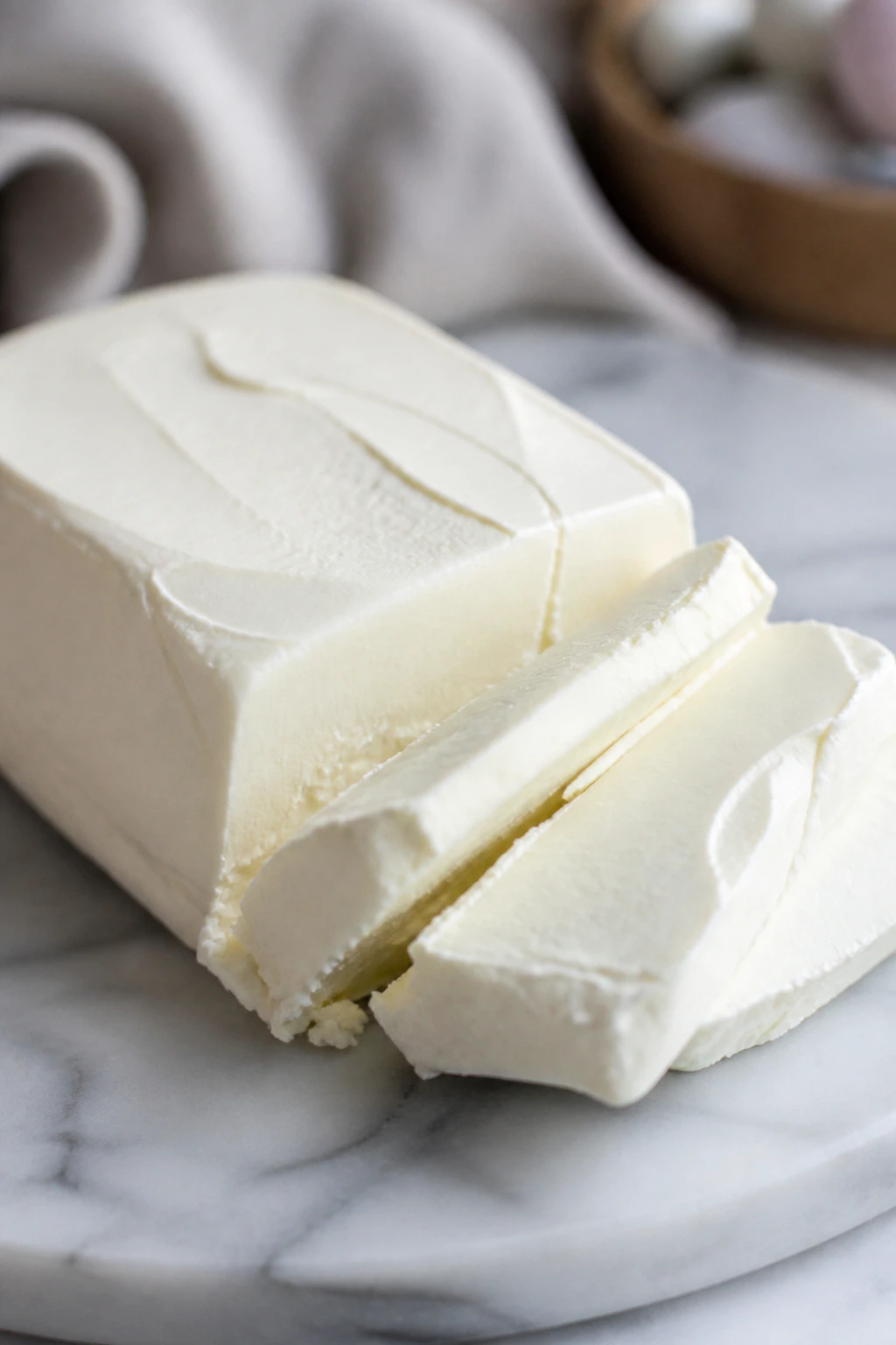 Block of cream cheese on kitchen counter.