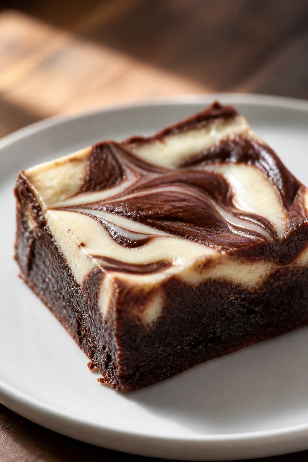 Close-up of a fudgy cream cheese brownie slice with a marbled top