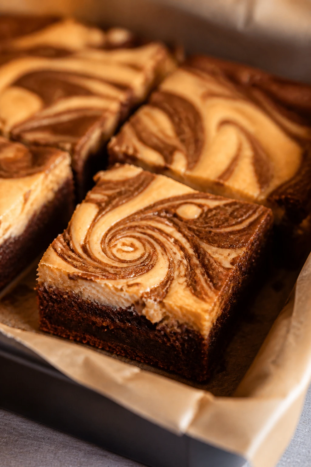 Cream cheese pumpkin swirl brownie slice with creamy top swirl