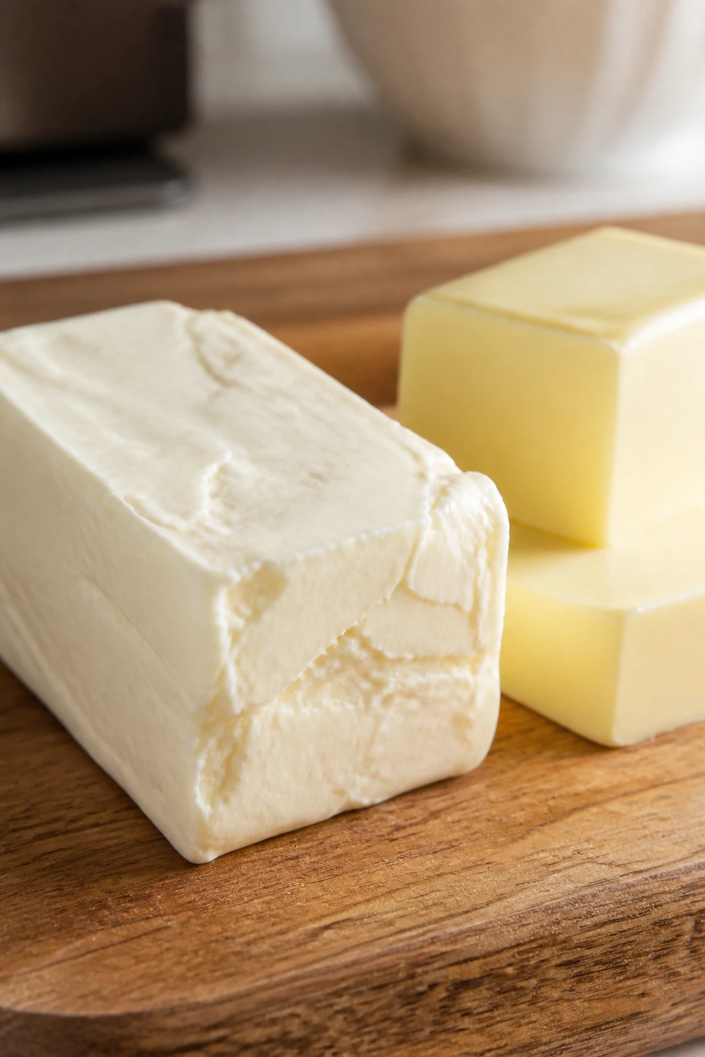 Cream cheese and butter on wooden board ready to melt