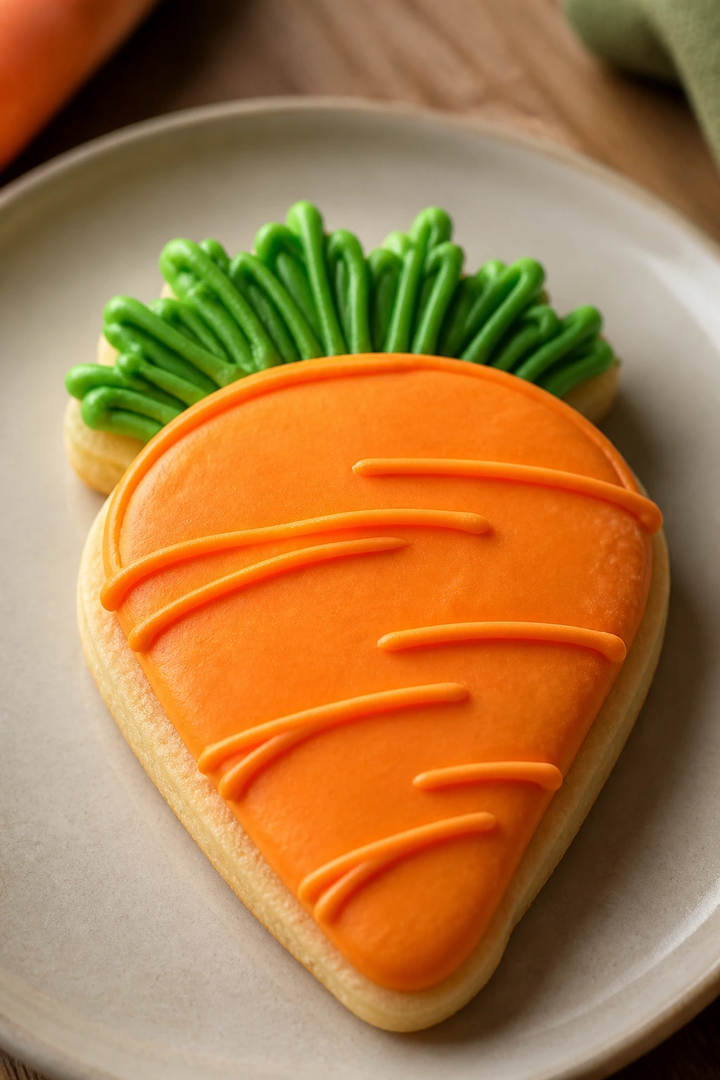 Carrot-shaped cookie with orange and green detailing
