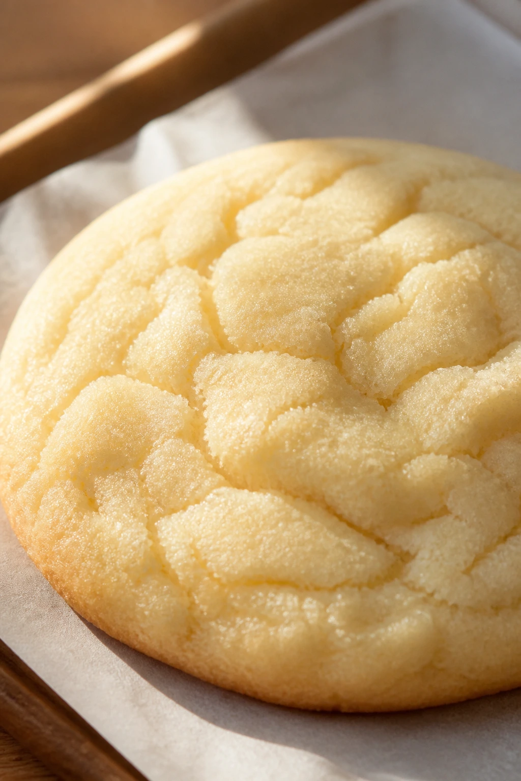 Close-up of a soft, pale gold cream cheese sugar cookie on a wooden kitchen surface