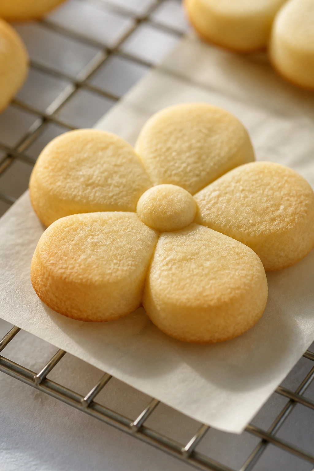 Flower-shaped cookie with cream cheese dough on parchment