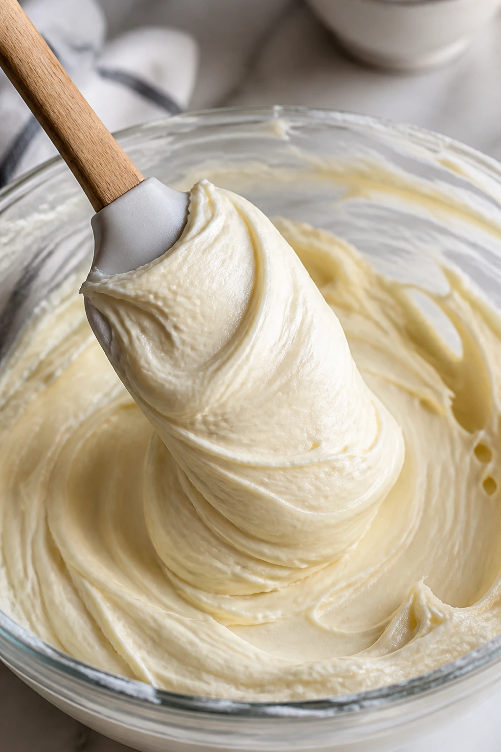 Whipped cheesecake filling in a glass bowl with spatula lifting a swirl