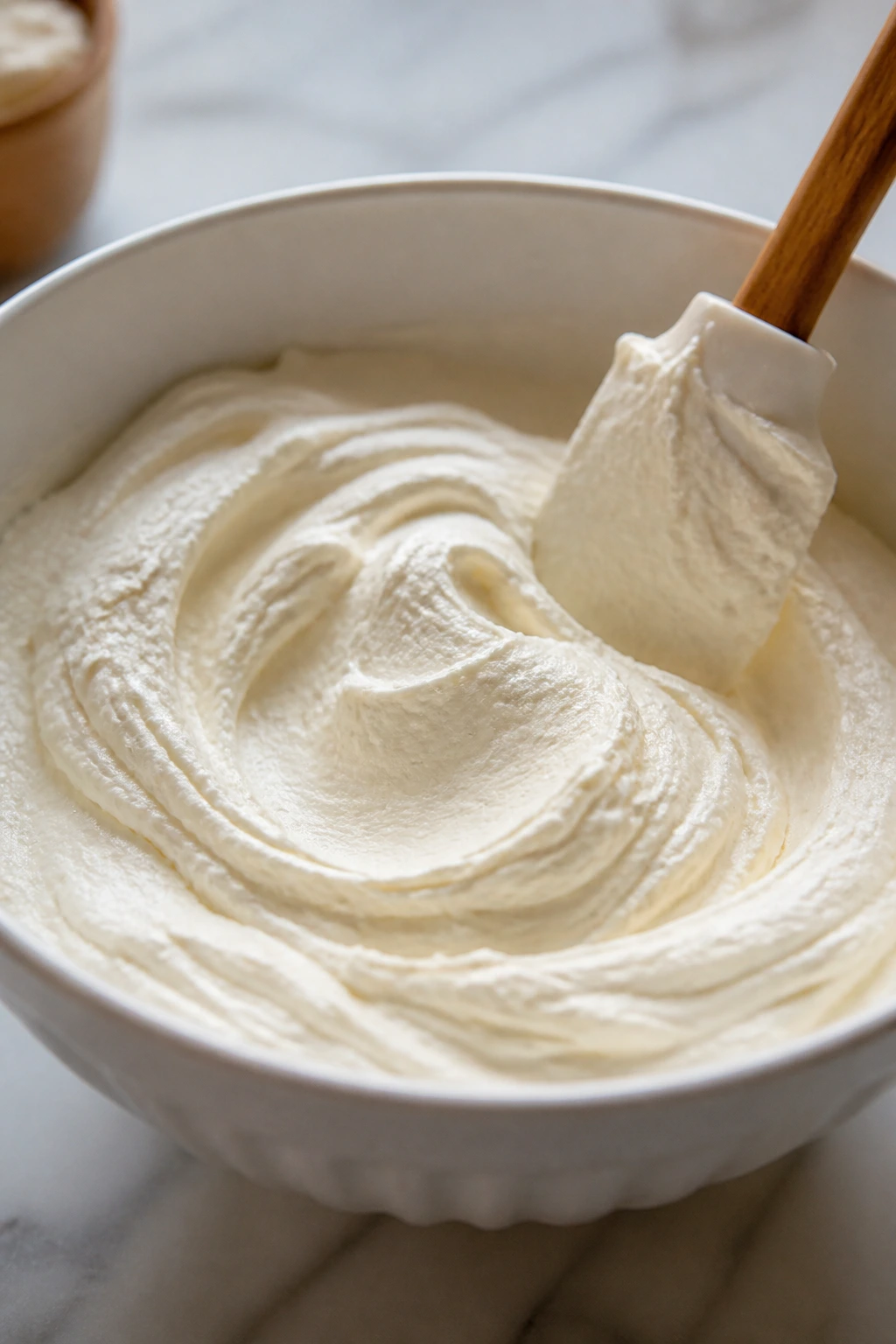 Silky cheesecake filling in a white bowl