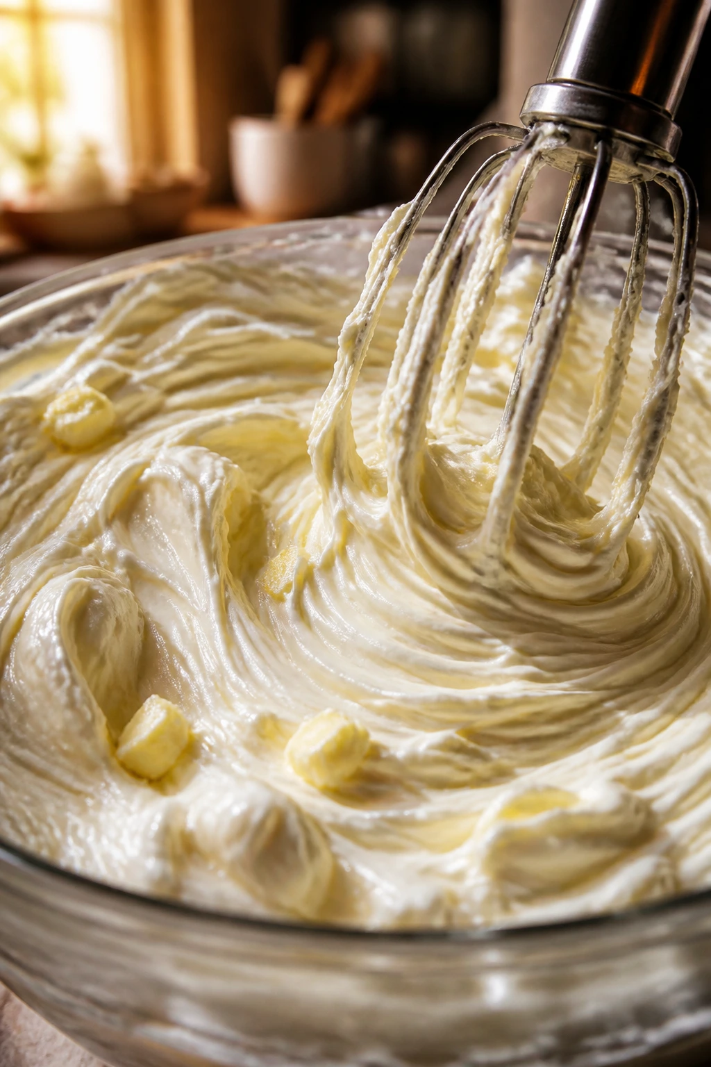 Close-up of glossy cream cheese filling being whipped in a bowl in a cozy kitchen