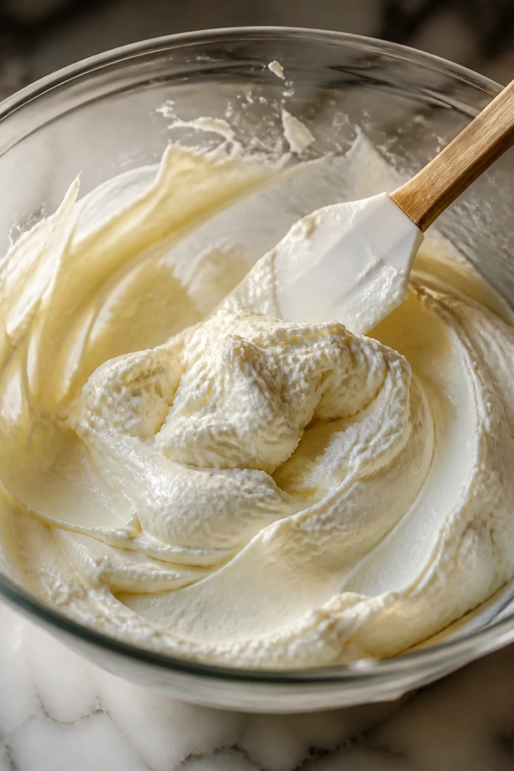 Close-up of cream cheese and whipped cream mixture being folded in a bowl
