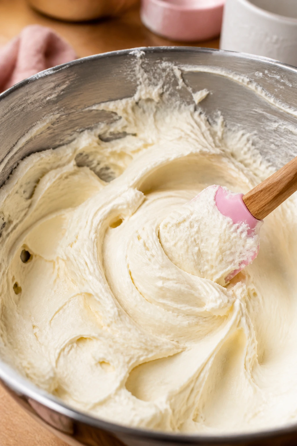 Thick cream cheese frosting in a mixing bowl being whipped