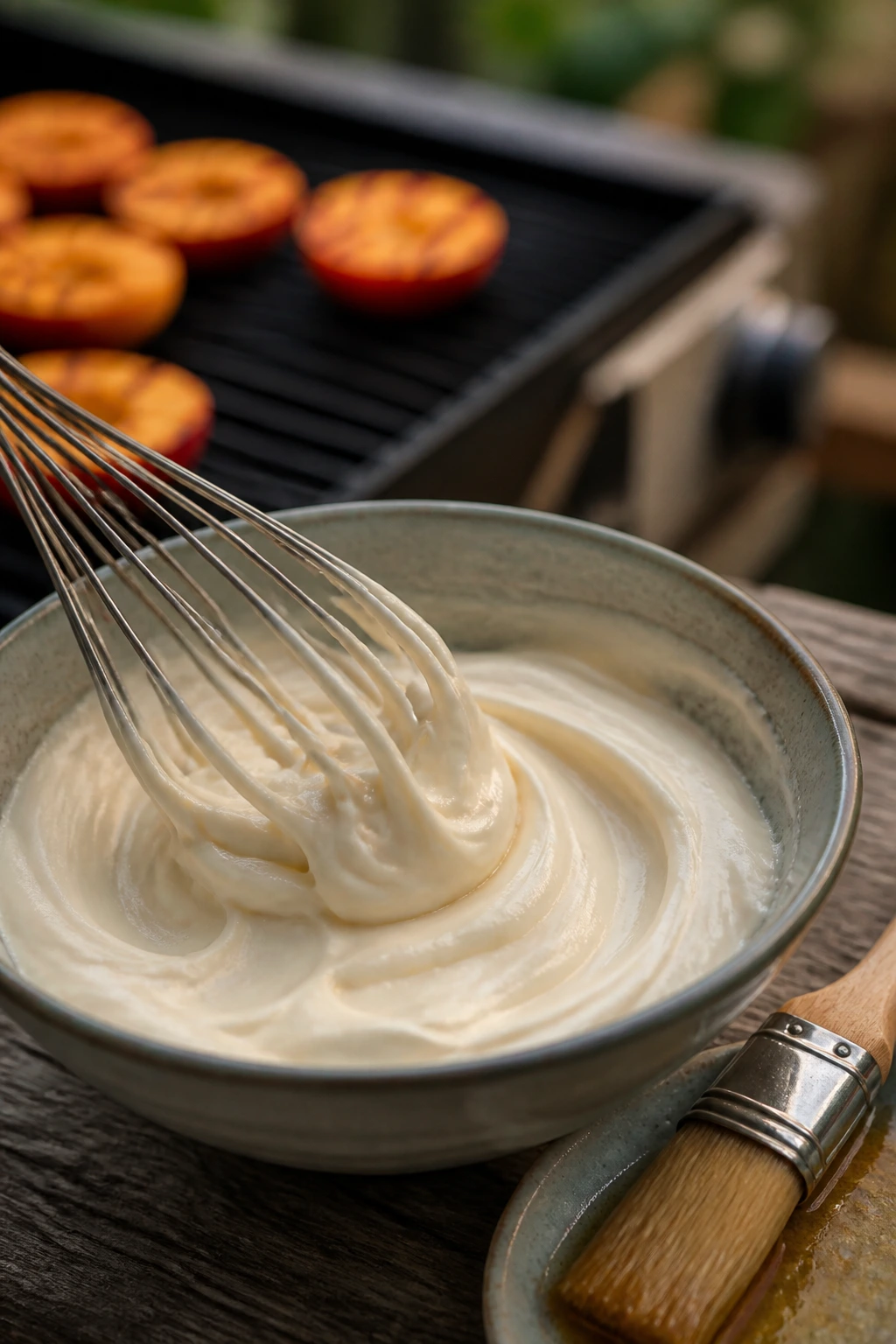 Close-up of silky cream cheese frosting in a bowl with an outdoor grill in the background