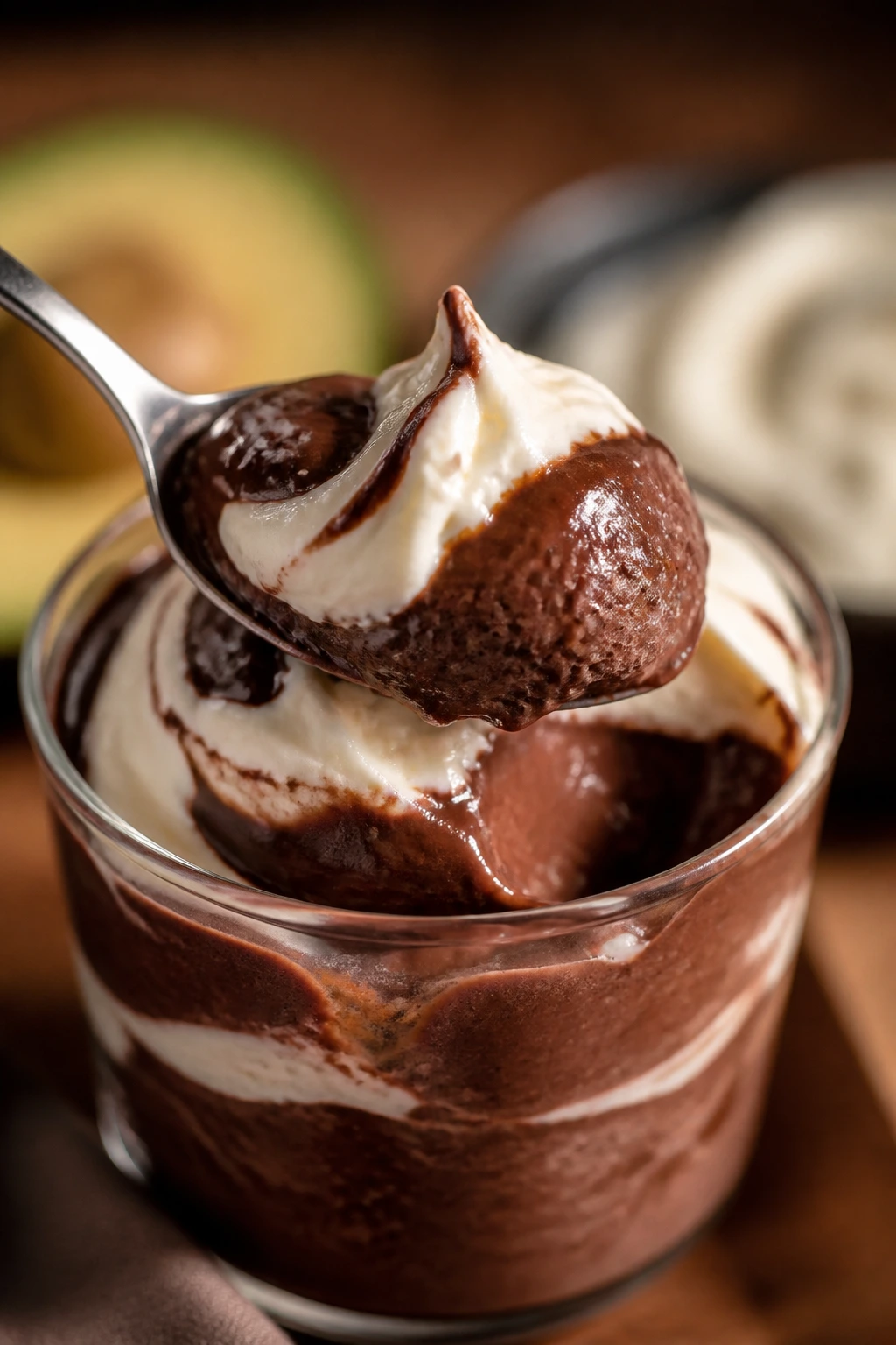 Spoonful of avocado pudding with cream cheese frosting swirl in a dessert glass.