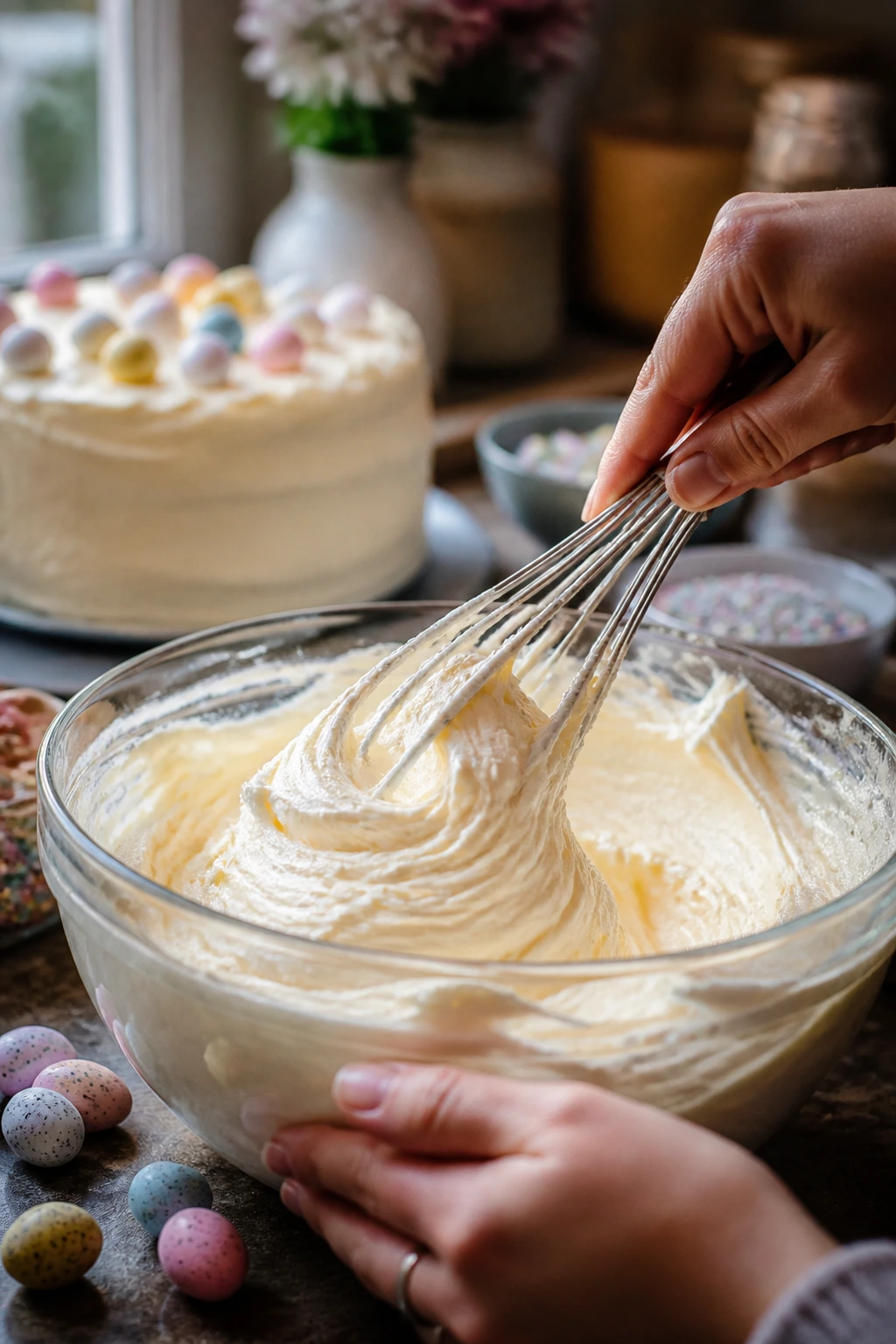 Cream cheese frosting being whipped in a bowl in a warm kitchen