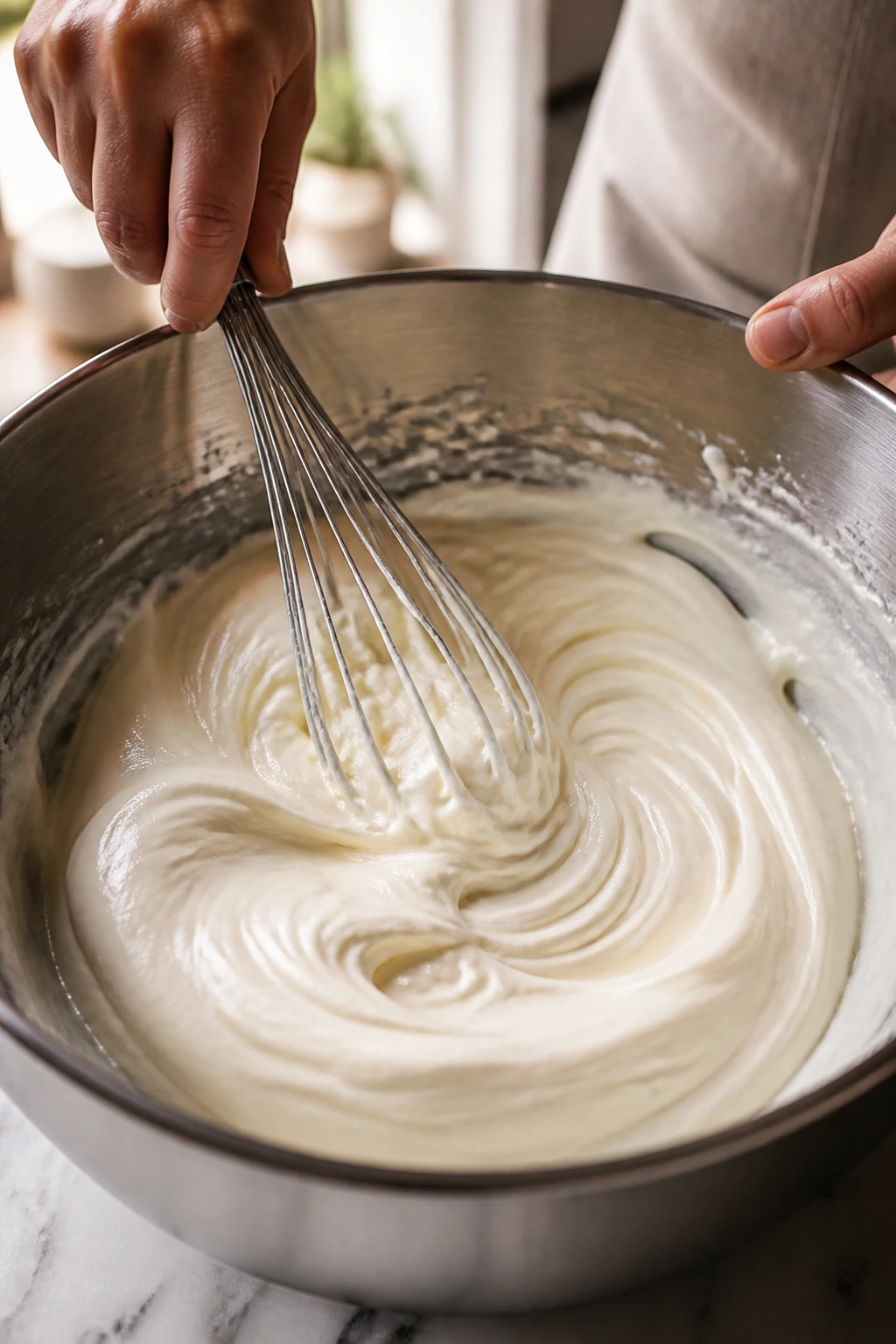 Close-up of hands whisking cream cheese frosting in a bowl in a bright kitchen