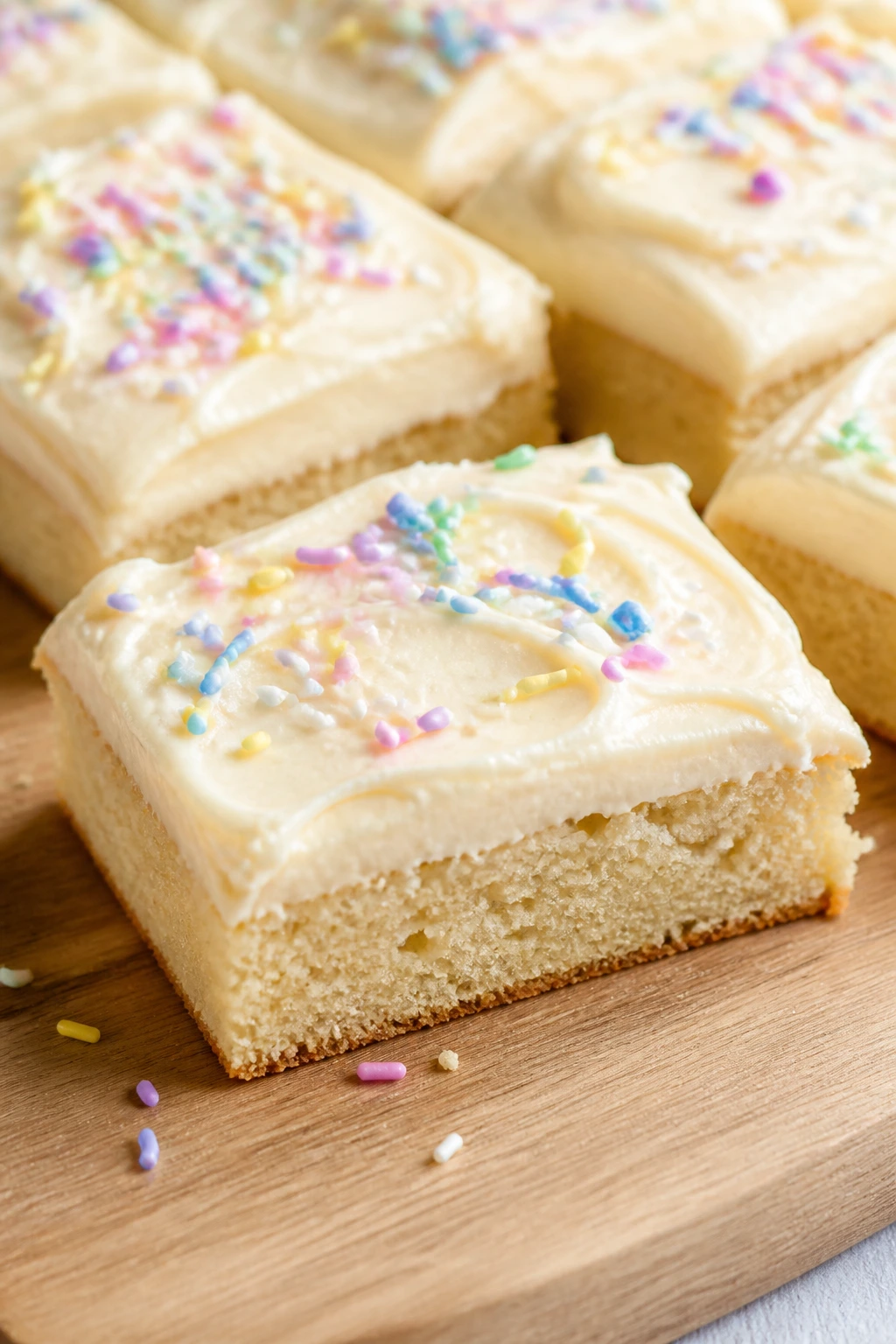 Close-up of vanilla sugar cookie bar with cream cheese frosting and pastel sprinkles