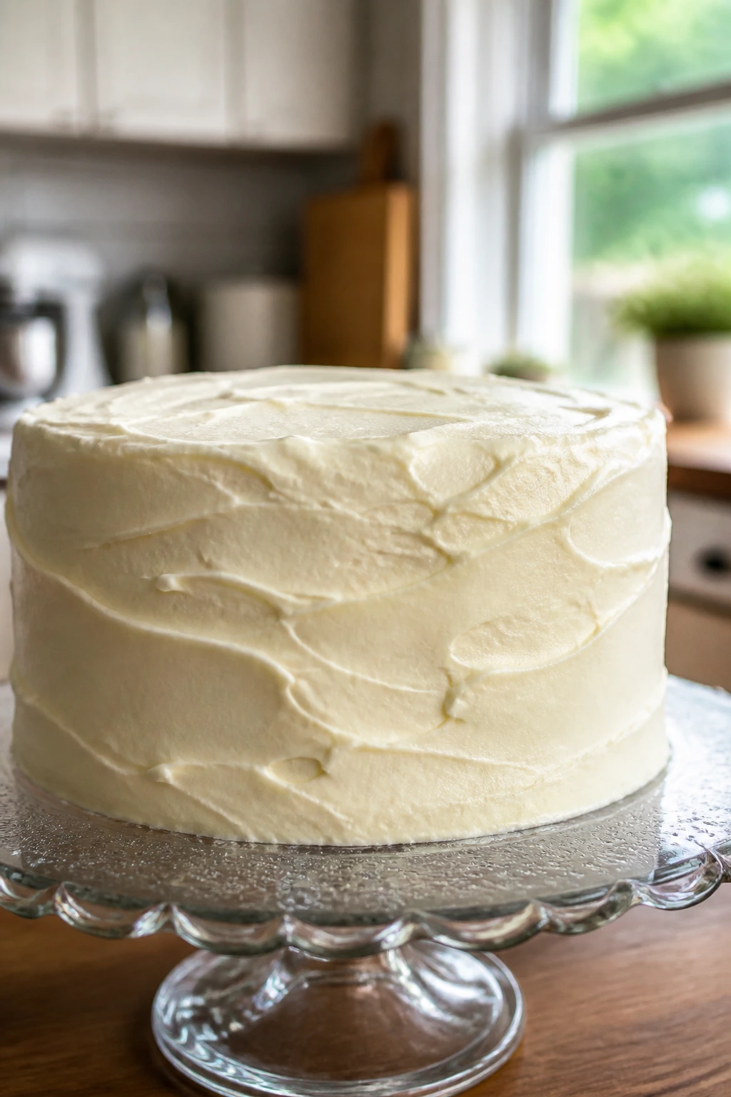 Close-up of a cream cheese-frosted cake on a glass stand in a cozy kitchen