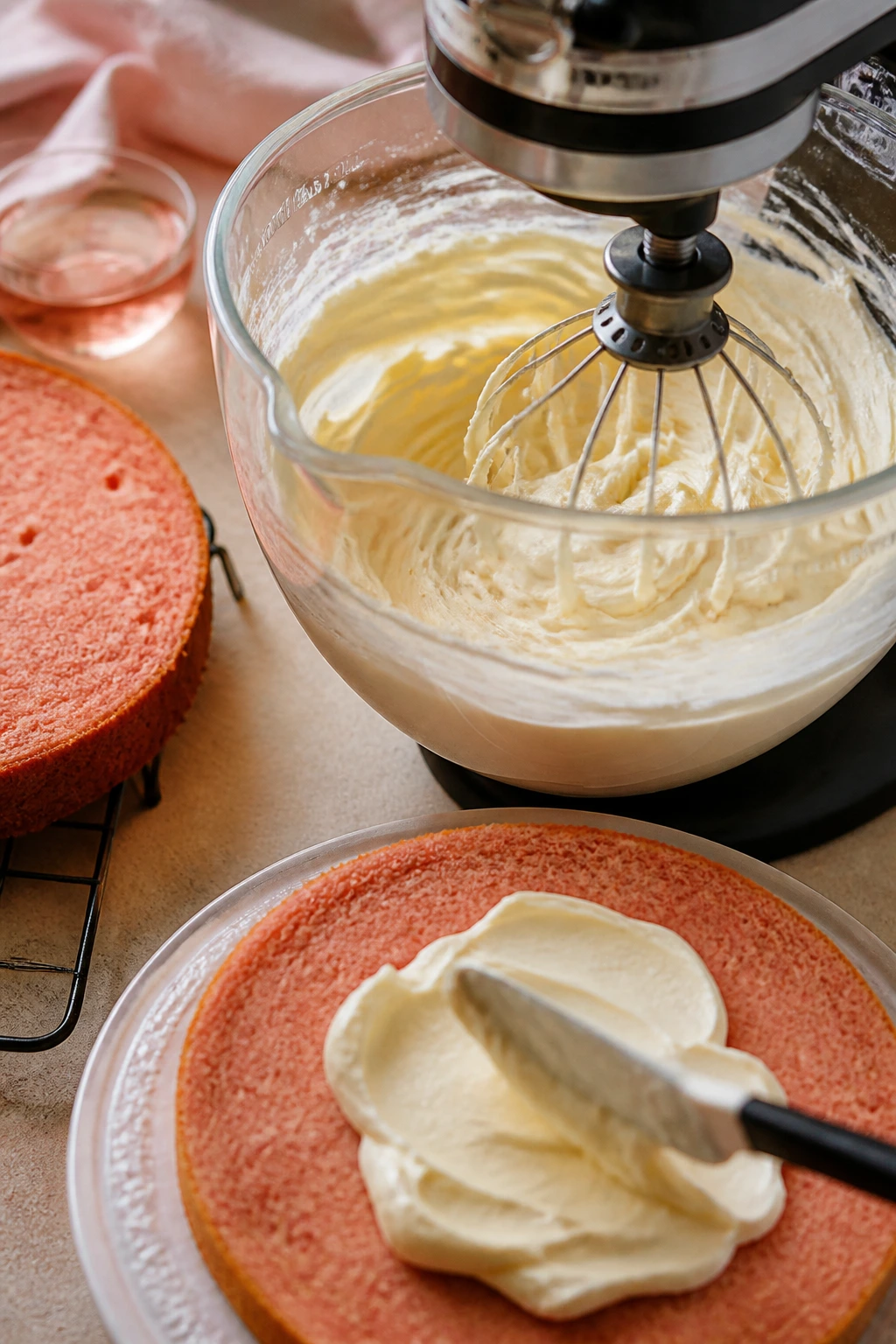 Close-up of cream cheese frosting being whipped in a kitchen bowl