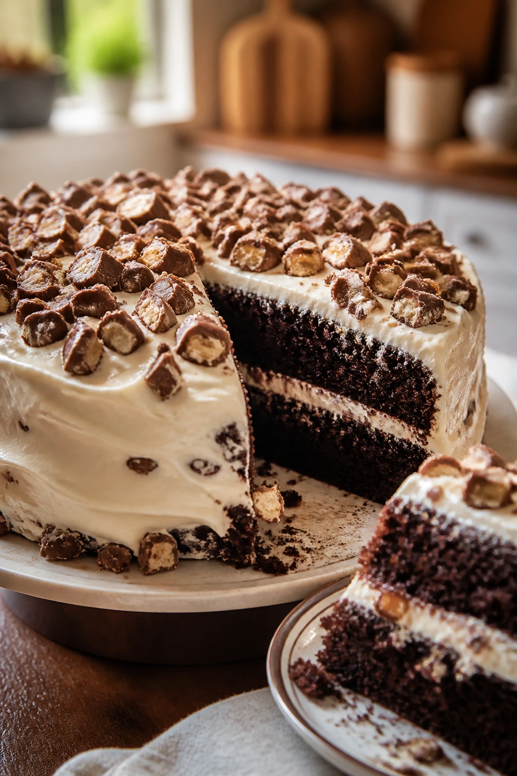Close-up of candy-studded chocolate cake with cream cheese frosting on a plate in a kitchen