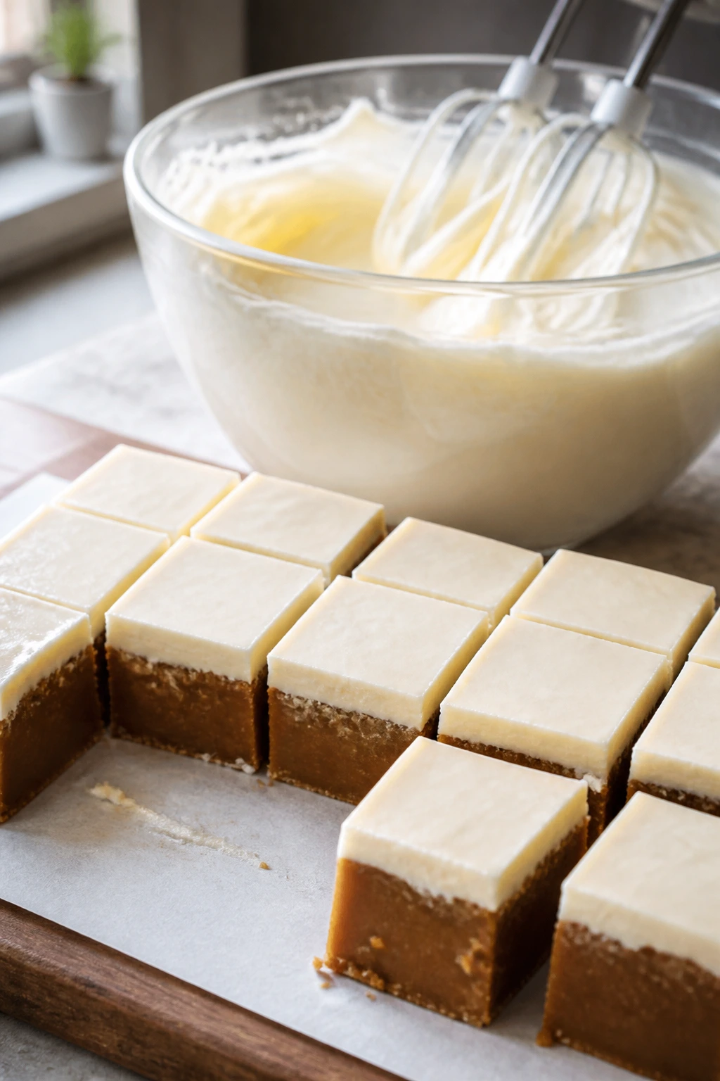 Close-up of pale whipped cream cheese frosting in a bowl with a neat candy slab nearby.