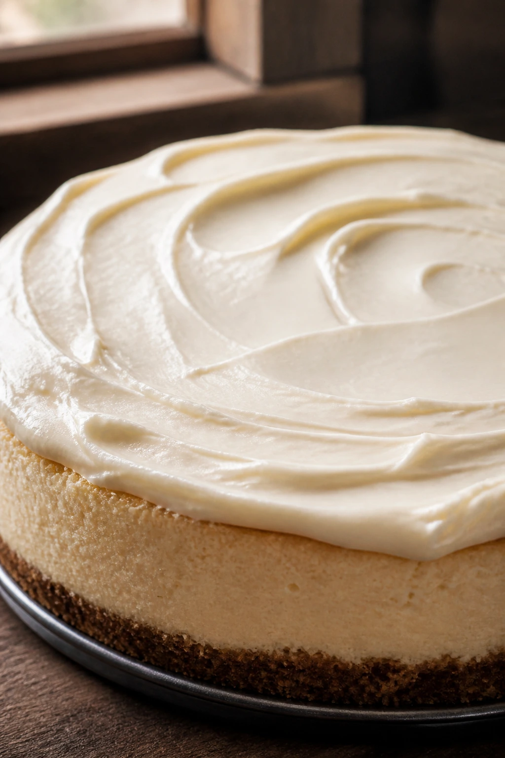 Close-up of glossy cream cheese frosting atop a chilled cheesecake on a wooden counter