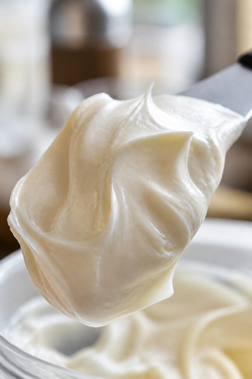 Cream cheese frosting on a spatula in a bright kitchen