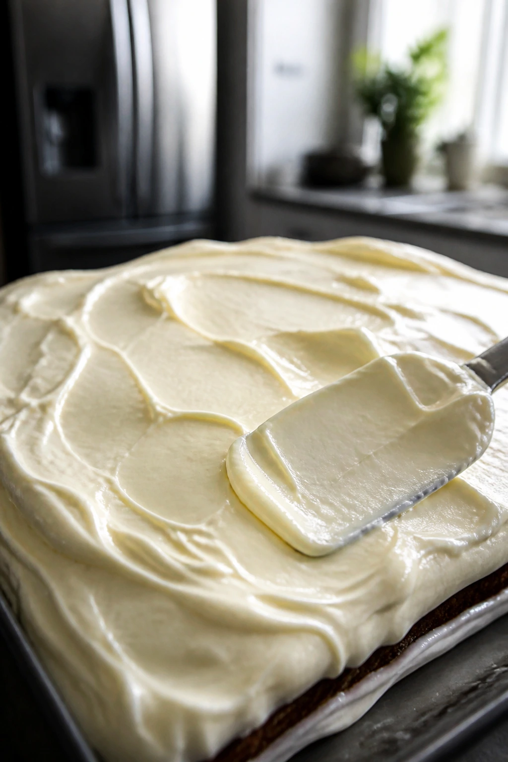 Close-up of thick glossy cream cheese frosting layer on a pale surface