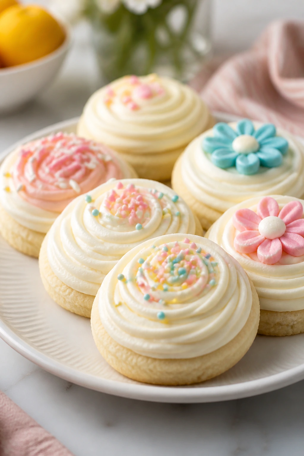 Plate of vanilla cut-out cookies with cream cheese frosting in a bright kitchen